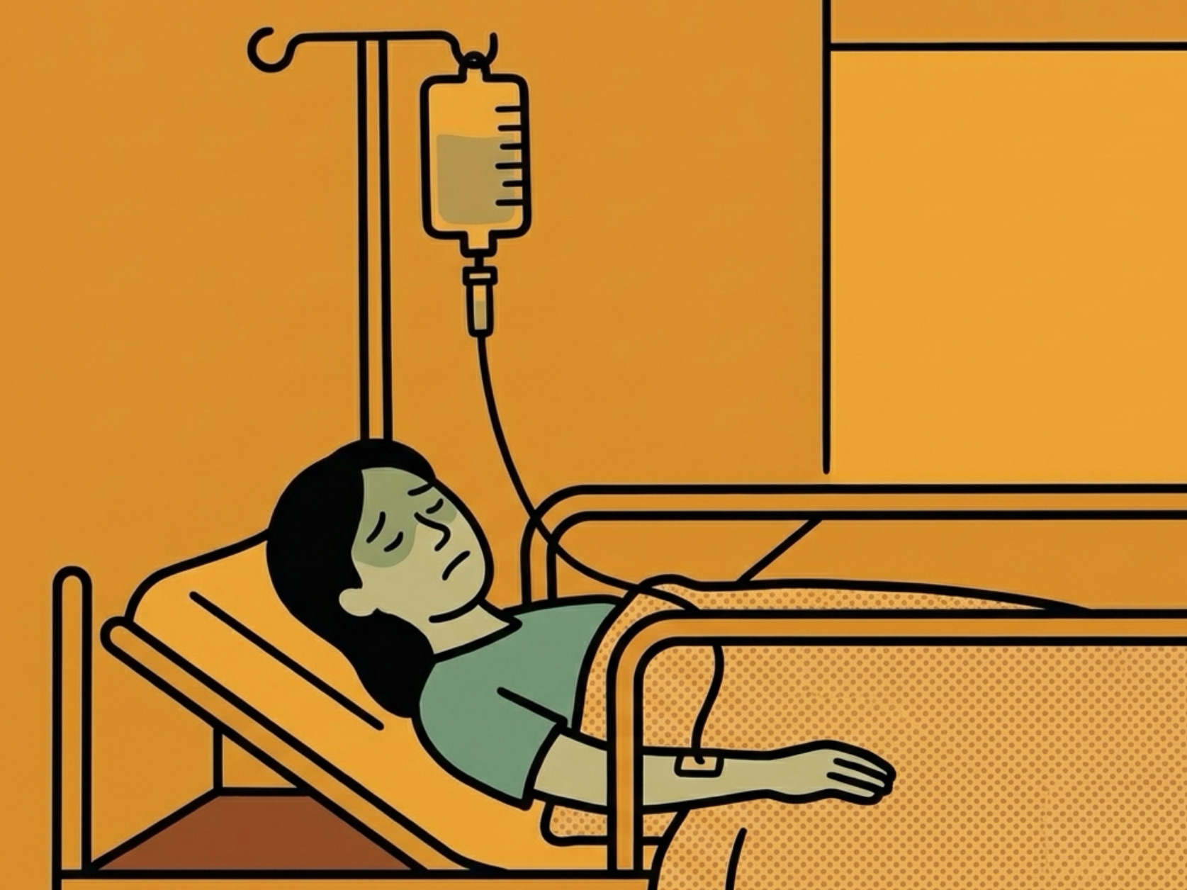 Illustration of a sick female with IV fluids and warming blanket